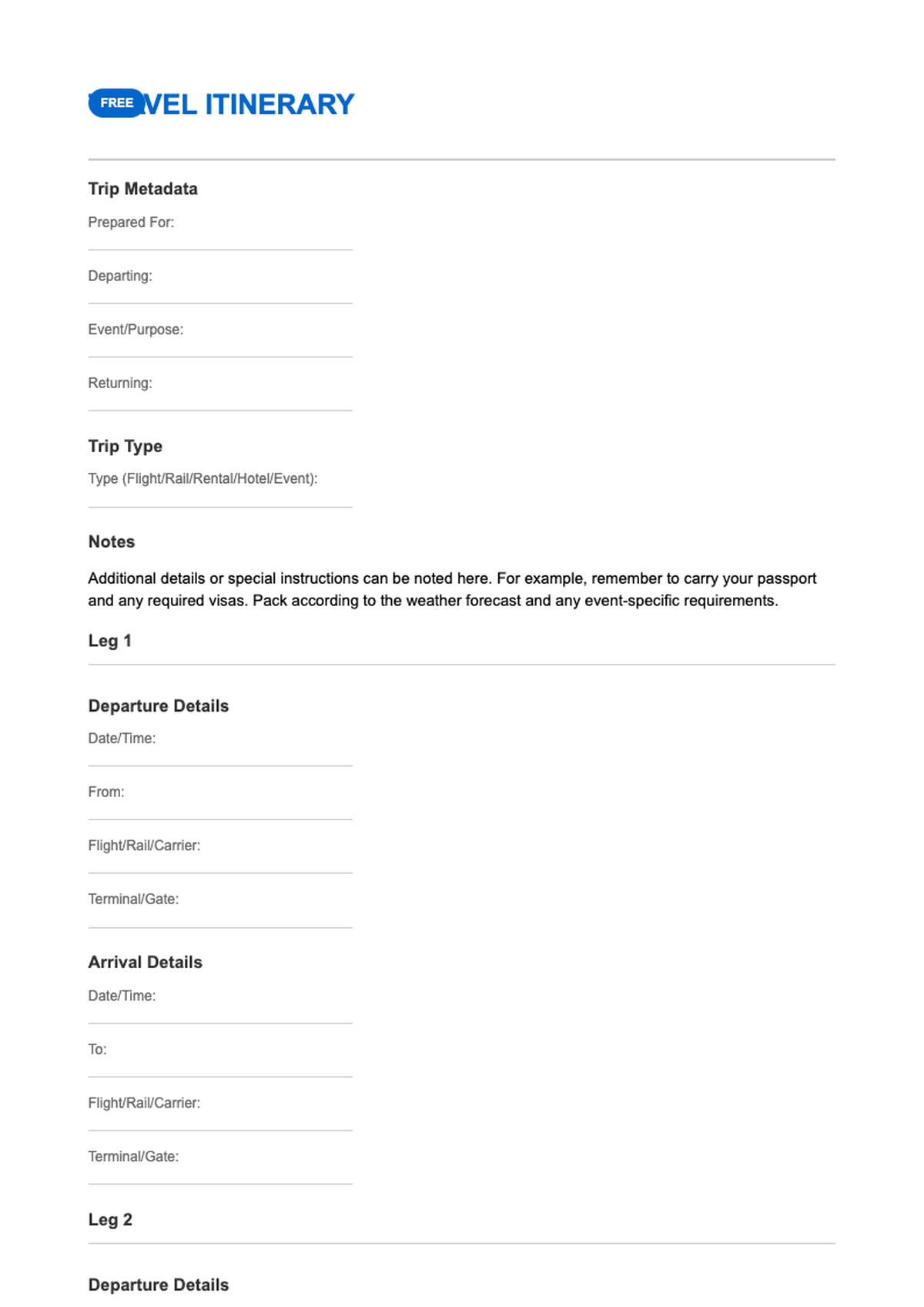 Free printable travel itinerary template with flight and hotel details sections_variant_3